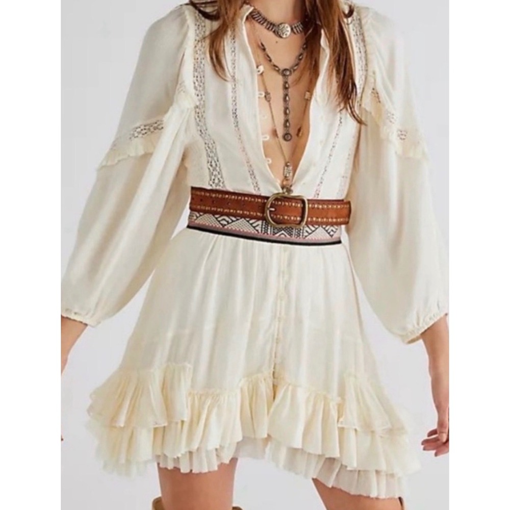 free people Ambrosia Ivory Bishop Sleeve Ruffle Boho Edwardian Mini Dress XS